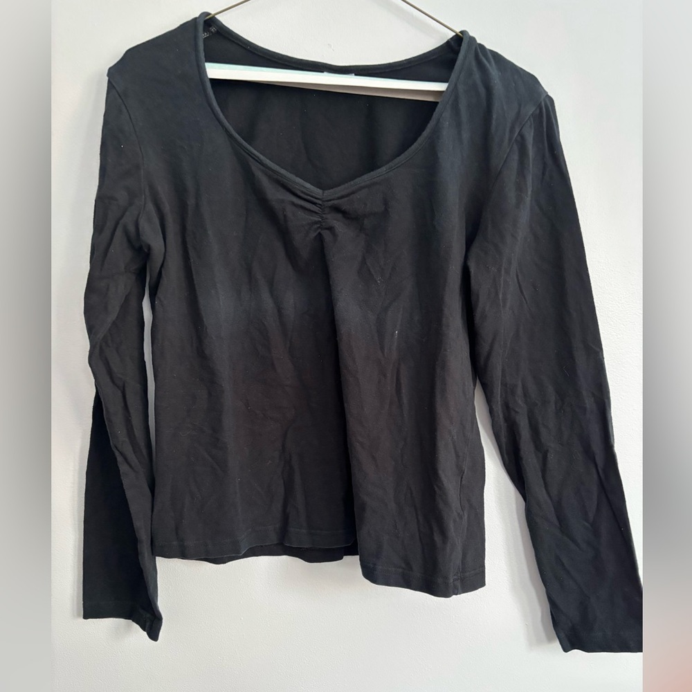 Suzy Shier Black Cotton Long Sleeve Casual Thick V-neck Top Size Large